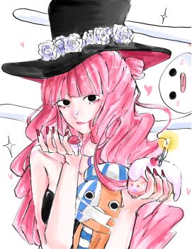 1girl black_hat blunt_bangs candle commentary drill_hair eyelashes flower ghost hair_bun half_updo hat hat_flower highres holding holding_stuffed_toy kumacy long_hair looking_at_viewer mask mouth_mask one_piece perona pink_hair red_nails salmonnnn353372 sparkle stuffed_animal stuffed_toy upper_body