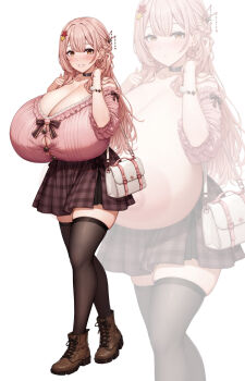 absurdres amano_roze bag black_choker black_thighhighs blush breasts brown_eyes brown_hair brown_shoes brown_skirt choker cleavage commentary_request curvy full_body gigantic_breasts grin hair_ornament handbag highres kannko_bokujou long_hair looking_at_viewer nipples original pink_shirt ribbed_shirt shirt shoes sidelocks simple_background skirt smile standing star_(symbol) star_hair_ornament thighhighs white_background zettai_ryouiki zoom_layer