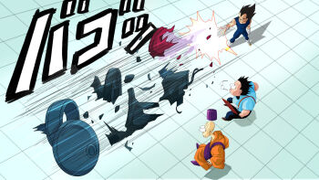 3boys artist_request black_eyes black_hair blue_tank_top character_request clipboard destruction dragon_ball dragon_ball_xenoverse dragonball_z from_above glasses gloves highres loading_screen machine male_focus multiple_boys muscular muscular_male official_art official_wallpaper scene_reference shirt sound_effects spiked_hair striped_clothes striped_shirt tank_top third-party_source vegeta white_gloves wide-eyed widow&#039;s_peak