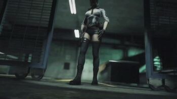 1girl 3d animated animated_gif between_breasts black_gloves black_skirt black_thighhighs boots breasts dead_rising dead_rising_3 female_focus fingerless_gloves gloves grey_hair hat miniskirt necktie police police_hat police_uniform policewoman sgt._hilde_schmittendorf short_hair skirt standing thighhighs zettai_ryouiki