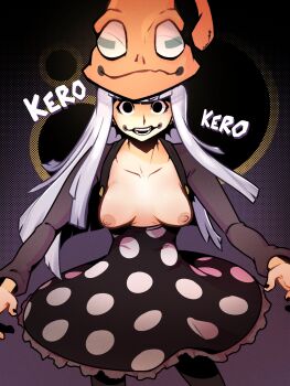 1girl absurdres black_eyes breasts breasts_out dabble talking eruka_frog feet_out_of_frame frog_girl frog_hair_ornament hair_ornament hat highres long_hair medium_breasts nails nipples patterned_clothing skirt smile soul_eater white_hair