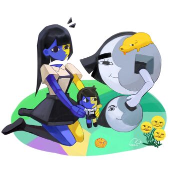 black_eyes black_hair blue_skin blunt_bangs blunt_ends character_doll colored_skin cubism dog doll ena_(ena) ena_(series) ena_(species) ena_(web_series) floating_head flower happy_ena highres hourglass_dog long_hair low_poly moony_(ena) multicolored_skin open_mouth shirt short_sleeves simple_background skirt smile split-color_skin suspenders turron two-tone_skin usagimarumei yellow_skin