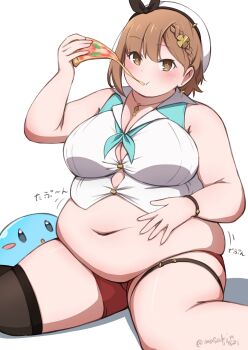 1girl absurdres ascot atelier_(series) atelier_ryza atelier_ryza_1 belly black_thighhighs braid breasts brown_eyes brown_hair button_gap cheese cheese_trail clover_hair_ornament cross cross_earrings crown_braid earrings eating fat fat_woman food hair_ornament hair_ribbon hat highres jewelry key key_necklace large_breasts masakin muffin_top navel necklace obese pizza reisalin_stout ribbon short_hair short_shorts shorts single_thighhigh sitting sleeveless slime_(creature) solo thick_thighs thigh_strap thighhighs thighs tight_clothes white_background