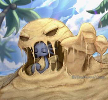 absurdres artist_name beach blue_sky cloud commission day delta_muk fakemon fish gen_1_pokemon highres horsea hoshime_yosei lens_flare muk nintendo no_humans ocean open_mouth outdoors palm_tree pokemon pokemon_(creature) pokemon_focus pokemon_insurgence reaching reaching_towards_viewer sand seahorse sky sleeping tree twitter_username vore water