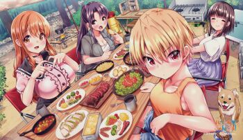 4girls astolfo_(fate) astolfo_(fate)_(cosplay) astolfo_(memories_at_trifas)_(fate) astolfo_(saber)_(fate) astolfo_(saber)_(first_ascension)_(fate) astolfo_(saber)_(third_ascension)_(fate) astolfo_(sailor_paladin)_(fate) astolfo_(third_ascension)_(fate) azuma_haruki bare_arms bare_shoulders black_hair blonde_hair blue_shorts blush breasts brown_eyes brown_hair camping chair cleavage closed_eyes closed_mouth commentary_request copyright_name copyright_notice dog facing_viewer food grey_jacket harem_camp! jacket large_breasts long_hair looking_at_another medium_breasts multiple_girls on_chair open_mouth orange_eyes orange_hair orange_tank_top outdoors pink_shirt ponytail purple_skirt red_eyes sandwich shirt short_hair short_shorts shorts sitting skirt smile table tank_top white_shirt yuuki_hb