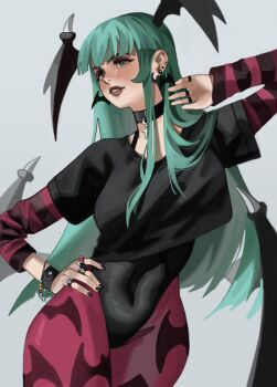 1girl absurdres alternate_costume bat_earrings black_collar black_leotard black_shirt blue_background breasts collar cowboy_shot cropped_shirt darkstalkers demon_wings earrings green_eyes green_hair head_wings highres jewelry leotard long_hair morrigan_aensland multiple_wings pantyhose print_pantyhose purple_pantyhose shirt simple_background solo wi33ard wings