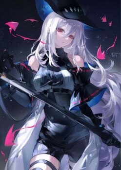 1girl absurdres arknights ascot black_ascot black_gloves black_hat breasts commentary_request detached_sleeves frilled_sleeves frills gloves grey_hair hair_between_eyes hat highres holding holding_sword holding_weapon kakuka_(kakuka112) long_hair red_eyes revision skadi_(arknights) skadi_(elite_ii)_(arknights) solo sword thigh_strap weapon
