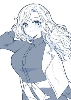 Rule 34 | 1girl, blue theme, blush, breasts, closed mouth, clothes around waist, collared shirt, commentary request, dress, eyelashes, hand in own hair, highres, hornet (jal) (kancolle), hornet (kancolle), jacket, jacket on shoulders, kantai collection, large breasts, long hair, long sleeves, looking at viewer, monochrome, nagi kantai114, shirt, simple background, solo, upper body