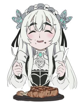 1girl butterfly_hair_ornament chaika_trabant eating food food_on_face fork hair_ornament hairband highres hitsugi_no_chaika holding holding_fork holding_knife knife long_hair mismatched_eyebrows nyum open_mouth plate smile solo steak thick_eyebrows upper_body white_background white_hair