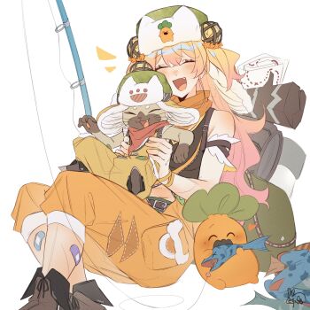 Rule 34 | 1girl, absurdres, arm garter, backpack, bag, bandaid, bandaid on leg, blonde hair, blush, boots, brown boots, brown shirt, character print, closed eyes, commentary, commission, cosplay, cropped shirt, crossover, double bun, eating, english commentary, fang, felyne, fish, fishing rod, gradient hair, green hat, green shoes, hair bun, hair ornament, hat, highres, hololive, hope (palico armor), legzy, long hair, map, momosuzu nene, monster hunter (series), monster hunter wilds, multicolored hair, nekko (momosuzu nene), notice lines, official alternate costume, open mouth, pants, player palico, player palico (cosplay), print hat, shirt, shoes, signature, sitting, sleeveless, sleeveless shirt, smile, torso grab, two side up, ushanka, virtual youtuber