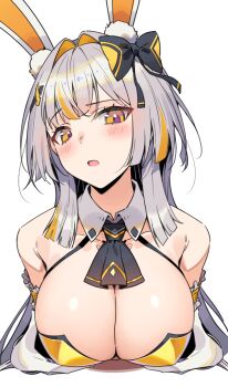 Rule 34 | 1girl, absurdres, animal ear fluff, animal ears, arm garter, armpit crease, bare shoulders, black survival, blush, bow, bowtie, breasts, cleavage, cropped torso, detached collar, eternal return: black survival, hair bow, hair intakes, highres, hop3, large breasts, leotard, long hair, looking at viewer, minami rio, minami rio (winning shot), multicolored hair, off shoulder, official alternate costume, open mouth, playboy bunny, rabbit ears, raised eyebrow, simple background, solo, spaghetti strap, streaked hair, white background, white hair, yellow eyes, yellow leotard