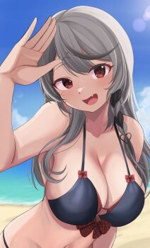 1girl absurdres arm_up beach bikini black_bikini black_streaks blue_sky blush bow breasts cleavage cloud collarbone commentary_request day fang grey_hair hair_ornament heart heart_hair_ornament highres hololive large_breasts long_hair looking_at_viewer multicolored_hair ocean open_mouth outdoors ramkilog red_bow red_eyes sakamata_chloe salute skin_fang sky smile solo streaked_hair swept_bangs swimsuit upper_body virtual_youtuber x_hair_ornament