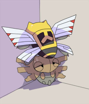 bug cicada_block_(meme) gen_3_pokemon indoors kanmuryou lowres meme ninjask nintendo no_humans pokemon pokemon_(creature) shedding shedding_skin shedinja sweatdrop