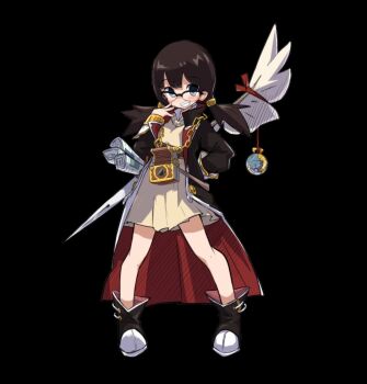 1girl arm_behind_back black_background black_hair blue_eyes blunt_bangs blush boots breasts brown_boots brown_coat brown_dress clenched_teeth coat collared_shirt dress full_body globe low_twintails medium_breasts merc_storia merc_storia_art_team official_art open_clothes open_coat open_hand papil_(merc_storia) quill shirt shirt_under_dress simple_background smile solo standing tachi-e teeth twintails