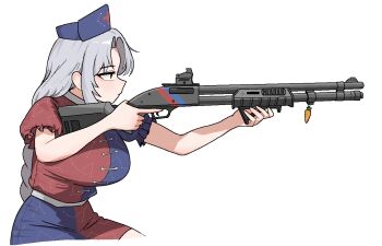 Rule 34 | 1girl, blue hat, braid, breasts, carrot, cocktiel77, gun, hat, large breasts, long hair, looking ahead, puffy short sleeves, puffy sleeves, rifle, short sleeves, single braid, solo, touhou, weapon, white background, yagokoro eirin