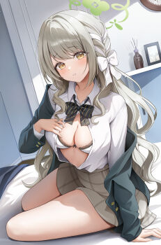 1girl absurdres arm_support blue_archive blush bow bowtie bra braid breasts cleavage commentary_request diagonal-striped_bow green_halo grey_hair grey_skirt hair_bow halo highres hini_ni jacket long_hair long_sleeves looking_at_viewer miyo_(blue_archive) navel on_bed partially_unbuttoned shirt sitting skirt solo striped_bow striped_bowtie striped_clothes thighs underwear undressing white_bow white_shirt yellow_eyes