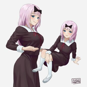 1girl :3 absurdres arm_support artist_name black_bow black_shirt black_skirt blue_eyes blunt_bangs bow breasts carlo_montie closed_mouth commentary cowboy_shot fujiwara_chika full_body hair_bow highres kaguya-sama_wa_kokurasetai_~tensai-tachi_no_renai_zunousen~ large_breasts long_hair long_sleeves looking_at_viewer multiple_views neck_ribbon pink_hair red_ribbon ribbon school_uniform shirt shoes shuuchiin_academy_school_uniform simple_background sitting skirt smile socks standing uwabaki white_background white_socks winter_uniform