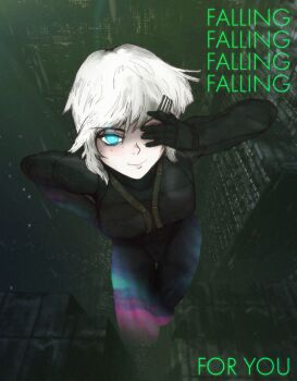 1girl 3d_background android blue_eyes breasts bright_pupils closed_mouth commentary english_text falling from_above full_body game_screenshot_background ghost_in_the_shell glowing glowing_eye hair_ornament hairclip hand_on_own_hip hand_over_eye heart heart-shaped_pupils highres iaart1 looking_at_viewer marie_(peripeteia) mechanical_arms mechanical_hands mechanical_legs medium_breasts medium_hair mixed_media nose optical_camouflage peripeteia rain scene_reference screenshot_background seductive_smile smile solo symbol-shaped_pupils white_hair white_pupils