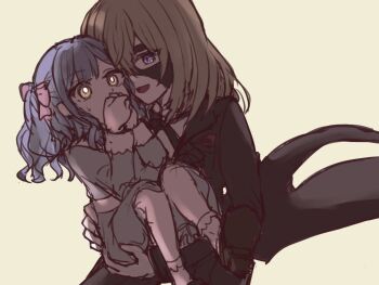 Rule 34 | 2girls, aged down, bang dream!, bang dream! it's mygo!!!!!, black coat, black mask, blonde hair, blue dress, blue hair, bow, carrying, carrying person, coat, commentary request, covering own mouth, doloris (bang dream!), dress, hair between eyes, hair bow, long hair, long sleeves, mask, masquerade mask, medium hair, misumi uika, multiple girls, open mouth, pink bow, purple eyes, setou (bpdne), simple background, sweatdrop, togawa sakiko, two side up, yellow background