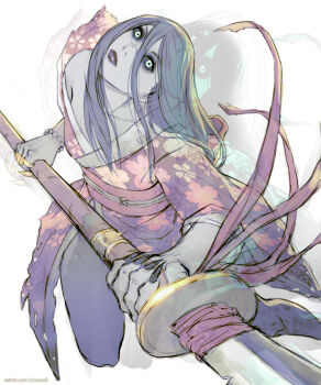 1girl black_hair black_lips blue_eyes blue_skin colored_skin female_focus fingernails ghost glowing head_tilt hisako_(killer_instinct) holding holding_polearm holding_weapon horror_(theme) japanese_clothes killer_instinct kimono lejeanx3 lips long_hair naginata pale_skin polearm sharp_fingernails solo torn_clothes torn_kimono weapon