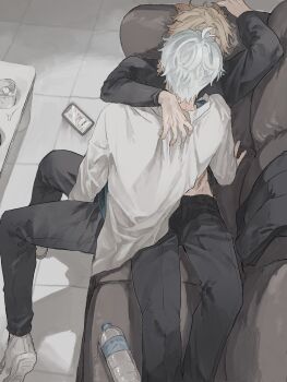 2boys antenna_hair black_pants black_sweater blonde_hair braid collared_shirt commentary_request couch gradient_hair hand_on_another&#039;s_shoulder highres honkai:_star_rail honkai_(series) lying male_focus medium_hair multicolored_hair multiple_boys mydei_(honkai:_star_rail) on_back on_couch pants phainon_(honkai:_star_rail) ramuniku_ooo red_hair red_tattoo shirt shoes short_hair side_braid sweater white_hair white_shirt white_shoes yaoi