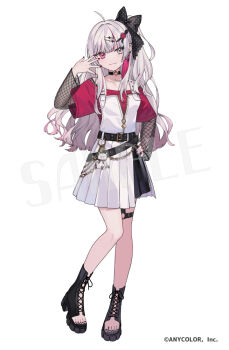 1girl belt black_belt black_nails casual closed_mouth commentary_request fishnet_sleeves fishnets footwear_request full_body grey_eyes grey_hair hand_on_own_hip hand_up heterochromia ishigami_nozomi long_hair looking_at_viewer multicolored_hair nijisanji o-ring o-ring_thigh_strap official_art pink_eyes pink_hair shugao simple_background skirt smile solo standing thigh_strap virtual_youtuber white_background white_skirt