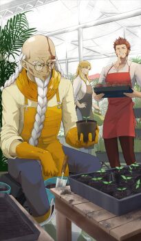3boys age_difference apron balding beard blonde_hair braid braided_beard brown_facial_hair brown_hair chaldean_floralia chiron_(fate) closed_mouth commentary_request facial_hair fate/grand_order fate_(series) game_cg gardening glasses gloves greenhouse holding holding_plant indoors long_beard long_hair male_focus multiple_boys napoleon_bonaparte_(fate) official_alternate_costume official_art old old_man plant potted_plant short_hair sideburns sitting smile standing syatey third-party_source trowel very_long_beard white_facial_hair white_hair zhang_jue_(fate)