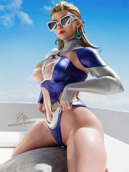 1girl adjusting_clothes adjusting_swimsuit billyhhyb blonde_hair blue_one-piece_swimsuit breasts cleavage_cutout clothing_cutout earrings fantastic_four highleg highleg_one-piece_swimsuit highres jewelry large_breasts marvel marvel_rivals official_alternate_costume official_alternate_hairstyle one-piece_swimsuit solo sue_storm sue_storm_(azure_shade) sunglasses swimsuit thighs two-tone_swimsuit white-framed_eyewear