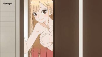 Rule 34 | 1girl, animated, animated gif, blonde hair, bouncing breasts, breasts, brown eyes, cheating (relationship), covering breasts, covering privates, door, felipe godoy, gyaru, hanging breasts, implied sex, kitagawa marin, large breasts, long hair, looking at viewer, multicolored hair, netorare, nipples, pink hair, sex, smile, solo, sono bisque doll wa koi wo suru