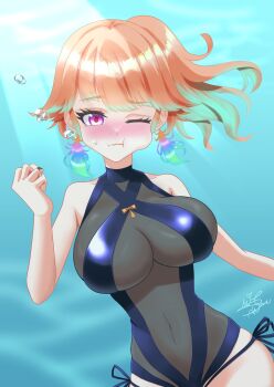 1girl air_bubble blush breasts bubble cowboy_shot green_hair holding_breath hololive hololive_english large_breasts mito310 multicolored_hair navel one_eye_closed orange_hair pink_eyes puffy_cheeks signature takanashi_kiara takanashi_kiara_(perfume_swimsuit) two-tone_hair underwater virtual_youtuber wavy_mouth