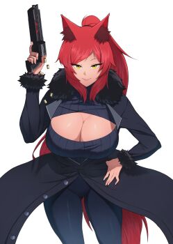 1girl animal_ear_fluff animal_ears black_coat black_pants black_sweater breasts casing_ejection cleavage_cutout clothing_cutout coat commentary commission english_commentary feet_out_of_frame fox_ears fox_girl fox_tail fur-trimmed_coat fur-trimmed_sleeves fur_trim green_eyes gun hand_on_own_hip handgun highres holding holding_weapon lapels large_breasts long_hair luca_(maverickkprime) original pants parted_bangs ponytail red_hair red_tail revolver ribbed_sweater shell_casing simple_background solo soyokuru sweater tail weapon white_background