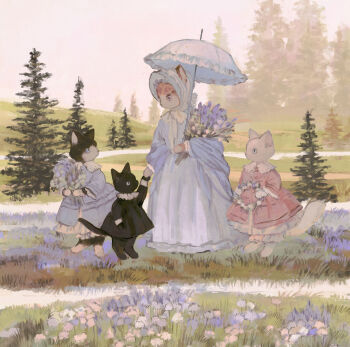 1other 3girls animal animal_focus barefoot black_cat black_dress blue_bonnet blue_bow blue_dress blue_eyes blue_flower blue_headwear blue_shawl bonnet bouquet bow cat closed_mouth clothed_animal collar commentary day dress dress_pocket ears_through_headwear english_commentary flower frilled_dress frilled_shirt_collar frills full_body grass green_eyes highres hill holding holding_bouquet holding_hands holding_umbrella layered_dress long_sleeves looking_at_another multiple_girls neck_ribbon no_humans original outdoors parasol path peter_pan_collar pine_tree pink_bonnet pink_bow pink_dress pink_headwear puffy_long_sleeves puffy_sleeves purple_eyes ribbon road rose shawl sky sleeve_cuffs slit_pupils standing tono_(rt0no) toto_noir tree umbrella white_cat white_flower white_rose white_sky