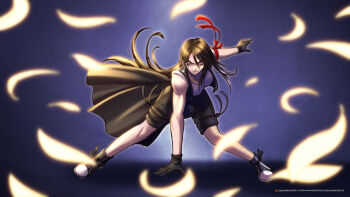 1girl absurdres apron arm_ribbon arm_support black_apron black_gloves black_hair black_shorts black_vest breasts closed_mouth commentary earrings english_commentary falling_petals fighting_stance final_fantasy final_fantasy_vii final_fantasy_vii_advent_children floating_clothes floating_hair full_body gloves gradient_background hand_on_ground highres jewelry large_breasts leandroyepyep long_hair looking_at_viewer open_clothes open_vest petals red_eyes red_ribbon ribbon serious shorts solo tank_top tifa_lockhart toned toned_female vest waist_apron white_tank_top yellow_petals