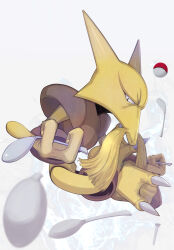 Rule 34 | alakazam, claws, creatures (company), facial hair, floating, floating object, full body, game freak, gen 1 pokemon, holding, holding spoon, kikken, looking at viewer, looking to the side, mustache, nintendo, poke ball, poke ball (basic), pokemon, pokemon (creature), psychic, shoulder pads, simple background, solo, spoon