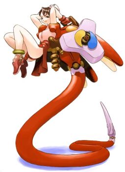 1girl anklet archived_source arms_behind_back bad_link bare_legs breasts brown_eyes brown_hair buttons dynamic_pose gloves gold_anklet half-closed_eyes high-waist_skirt hirai_yukio jewelry legs lowered_eyelids machinery mechanical_tail mechanical_wings medium_breasts miniskirt original pelvic_curtain pink_shirt red_gloves red_shoes red_skirt red_sleeves red_tail science_fiction shadow shirt shoes short_hair short_sleeves simple_background skirt smile snake_tail solo tail teeth white_background wings