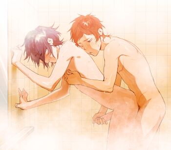 2boys absurdres bath black_hair blush closed_mouth completely_nude cowboy_shot cuntboy fushimi_saruhiko hand_on_another&#039;s_chest handjob highres k-project male_focus mastectomy_scar multiple_boys nipples no_eyewear nude orange_hair penis reach-around scar scar_on_chest shared_bathing short_hair skinny standing treslech3s wet yaoi yata_misaki
