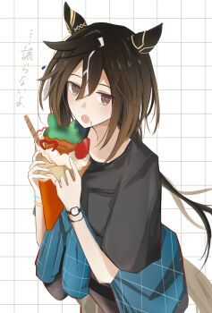 Rule 34 | 1girl, absurdres, animal ears, black hair, black shirt, blue shirt, blush, brown eyes, brown hair, camouflage, camouflage pants, casual, commentary request, crepe, ear covers, fanny pack, food, hair between eyes, highres, holding, holding crepe, holding food, horse ears, horse girl, horse tail, kukimaru (pixiv49247046), long hair, looking at viewer, multicolored hair, open mouth, pants, shirt, stay gold (casual) (umamusume), stay gold (umamusume), streaked hair, tail, umamusume, watch, white hair, wristwatch