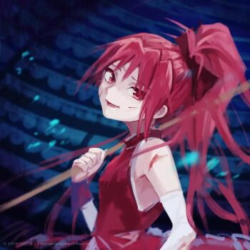 Rule 34 | 1girl, abstract background, blood, bow, chinese commentary, chinese text, commentary request, cuts, detached sleeves, dress, fang, from side, hair bow, head tilt, high ponytail, holding, holding polearm, holding weapon, injury, long sleeves, looking at viewer, mahou shoujo madoka magica, mahou shoujo madoka magica (anime), mandarin collar, open mouth, polearm, ponytail, red bow, red dress, red eyes, red hair, sakura kyoko, sakura kyoko (magical girl), sleeve cuffs, sleeveless, sleeveless dress, smile, tsurime, watermark, weapon, web address, white sleeves, xiaoxiao (15991743)