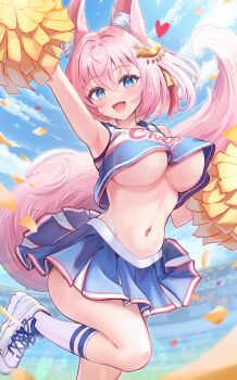 1girl animal_ear_fluff animal_ears arm_up armpits bare_shoulders blue_shirt blue_skirt breasts commentary_request crop_top crop_top_overhang fox_ears fox_girl fox_tail hair_ornament hairclip highleg highres holding holding_pom_poms kneehighs large_breasts leg_up looking_at_viewer midriff miniskirt navel original panty_straps pink_hair pleated_skirt pom_pom_(cheerleading) pom_poms sakura_ani shirt shoes short_hair skirt sleeveless sleeveless_shirt sneakers socks solo stomach sweatdrop tail tassel tassel_hair_ornament thighs underboob white_shoes white_socks
