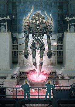 2boys blue_pants blue_shirt clipboard extra_mouth from_behind giant glowing green_eyes hand_on_own_hip hard_hat helmet highres holding holding_clipboard horns incense_burner industrial jaws kiginobiru_(hayapi) magic_circle monster multiple_boys original pants pentagram platform ribs scenery shirt skull stairs steam summoning uniform wide_shot