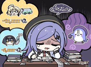 3girls :d ahoge amber_(stella_sora) animalization animated animated_gif bag bird black_background black_hair blonde_hair book book_stack bookmark cellphone chibi chibi_only chinese_commentary coin_purse collared_shirt commentary_request desk elbow_on_table exhausted flip_phone handbag highres holding holding_bag iris_(stella_sora) jitome juliet_sleeves long_sleeves lucky_oasis_(stella_sora) motor_vehicle multiple_girls necktie new_star_guild_(stella_sora) no_mouth noya_(stella_sora) o_o official_art open_mouth penguin phone puffy_sleeves purple_hair red_necktie shaded_face shirt smile sparkle_hair_ornament squiggle stella_sora v-shaped_eyebrows van white_shirt wrench writing yellow_eyes