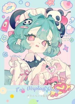 1girl animal animal_ears animal_hair_ornament aqua_hair blush border double_bun eyelashes food hair_between_eyes hair_bun hair_ornament heart heart_hands highres long_sleeves looking_at_viewer maid maid_headdress nailiu_mashu omelet original outside_border panda panda_ears panda_girl panda_hair_ornament parted_lips pink_eyes plate sample_watermark screentones solo star_(symbol) sticker upper_body watermark wide_sleeves
