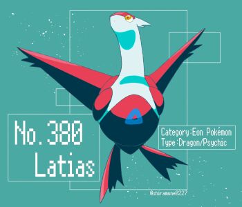 Rule 34 | colored skin, commentary request, dragon, english text, flying, gen 3 pokemon, green background, highres, latias, legendary pokemon, looking up, nintendo, no humans, pokedex number, pokemon, pokemon (creature), pokemon focus, red skin, shiratamint, white skin, wings, yellow eyes