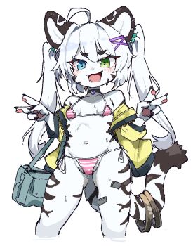 1girl ahoge animal_ears bikini blue_eyes breasts double_v furry furry_female gluteal_fold green_eyes heterochromia highres long_hair micro_bikini navel original pawpads simple_background small_breasts swimsuit tail tiger_ears tiger_girl tiger_stripes tiger_tail tofffffu twintails v white_background white_hair