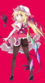 akaneya blonde_hair bow crystal flandre_scarlet frills hat hat_ribbon laevatein_(touhou) medium_hair mob_cap one_side_up pantyhose puffy_short_sleeves puffy_sleeves red_bow red_eyes red_ribbon red_skirt red_vest ribbon shirt short_sleeves skirt solo touhou vest white_hat white_shirt wings