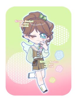 Rule 34 | 1girl, ;3, angel, ankle socks, aqua pupils, artist name, belt, ben-day dots, blue eyes, blue flower, blue outline, blue rose, blush stickers, border, bow, brooch, brown bag, brown belt, brown hair, brown sailor collar, brown shoes, brown shorts, brown vest, chinese commentary, closed mouth, colored eyelashes, commentary request, cross-laced socks, daisy (flower), deformed, dot nose, fake wings, flower, flower brooch, frilled shorts, frills, gold buttons, gradient background, green background, green bow, green flower, green rose, green shirt, hair bow, hand on own cheek, hand on own face, hand on own hip, happy, high ponytail, highres, infinity nikki, jewelry, leg up, long sleeves, medium hair, meini-baobao, nikki (series), one eye closed, outline, pink background, pink flower, pink rose, ponytail, puffy long sleeves, puffy sleeves, rose, sailor collar, screentones, shirt, shoes, shorts, single stripe, smile, socks, solo, striped bow, stylist (nikki), tareme, turtleneck, turtleneck shirt, two-tone background, vest, waist bag, watermark, wavy hair, white border, white flower, white socks, white wings, wings