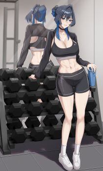 1girl :d absurdres alternate_costume alternate_hairstyle black_choker black_hair black_jacket black_shorts black_sports_bra blue_eyes blue_hair bottle breasts choker colored_inner_hair commentary_request cropped_jacket double-parted_bangs dumbbell full_body grin gym hair_between_eyes hair_bun hair_flaps hair_intakes half_updo highres holding holding_bottle hololive hololive_english indoors jacket korean_commentary large_breasts looking_at_viewer median_furrow midriff mirror multicolored_hair navel open_mouth ouro_kronii reflection shoes short_hair_with_long_locks short_shorts shorts sidelocks single_hair_bun skin_tight smile sneakers socks solo sports_bra tile_floor tiles virtual_youtuber white_shoes white_socks zenya