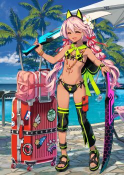 3girls :d animal_ear_hairband animal_ears aqua_nails asymmetrical_legwear bare_arms bead_bracelet bead_necklace beads bikini black_bikini black_capelet black_sandals blue_sky blush bow bracelet capelet cat_ear_hairband cat_ears chloe_von_einzbern chloe_von_einzbern_(swimsuit_avenger)_(second_ascension) closed_eyes clothing_cutout cloud cutout_below_navel dark-skinned_female dark_skin day detached_leggings dual_wielding fake_animal_ears fangs fate/grand_order fate_(series) fingernails flower front-tie_bikini_top front-tie_top full_body game_cg green_ribbon groin hair_bow hair_flower hair_ornament hairband hand_up heart_cutout hiroyama_hiroshi holding holding_sword holding_weapon honeycomb_(pattern) illyasviel_von_einzbern illyasviel_von_einzbern_(swimsuit_archer) illyasviel_von_einzbern_(swimsuit_archer)_(second_ascension) jewelry kanshou_&amp;_bakuya_(fate) legs_apart long_hair low_twintails miyu_edelfelt multi-tied_hair multicolored_nails multiple_bracelets multiple_girls multiple_necklaces nail_polish navel necklace official_art open_mouth outdoors over_shoulder palm_tree partially_unzipped pink_hair pink_nails planted planted_sword planted_weapon platform_sandals pool poolside red_bow red_tattoo ribbon rolling_suitcase sandals side-tie_bikini_bottom skin_fangs sky smile solo_focus standing stomach stomach_tattoo suitcase swimsuit sword tattoo third-party_source toenails toes tree twintails variant_set watch weapon weapon_over_shoulder white_flower wide_sleeves wristwatch zipper_pull_tab