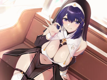 1girl bee_doushi black_dress blue_eyes blue_hair blush breasts church cleavage closed_mouth covered_erect_nipples dress hair_ornament highres huge_breasts indoors large_breasts leotard looking_at_viewer navel no_pants nose_blush nun original pelvic_curtain pew purple_eyes purple_hair revealing_clothes short_hair sitting smile solo thighhighs white_leotard x_hair_ornament