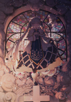 1girl absurdres beret black_gloves blue_bow blue_eyes blue_hair book boots bow capelet commentary cross dress english_commentary full_body fur-trimmed_boots fur-trimmed_capelet fur_trim gloves hair_between_eyes hair_bow hat hatsune_miku highres holding holding_book konya_karasue long_hair long_sleeves rabbit_yukine skirt_hold snowflakes stained_glass standing standing_on_one_leg twintails very_long_hair vocaloid white_capelet white_dress white_footwear white_headwear yuki_miku yuki_miku_(2021)